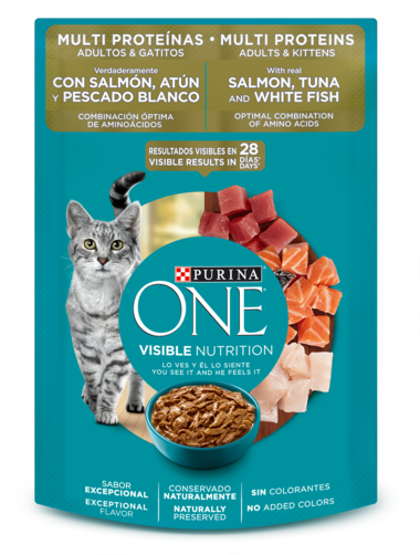 purina-one-gatos-salmon-atun-y-pescado-blanco Purina one Pouch Multi Proteínas Salmón, Atún y Pescado Blanco Adultos y Gatitos - Imagen 1